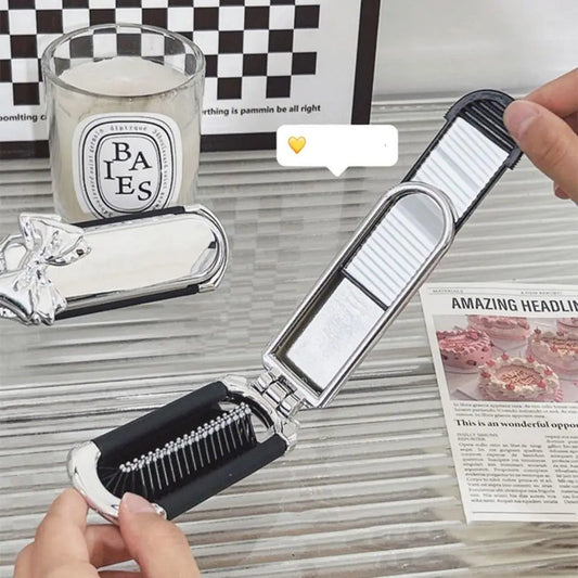 Portable Pink Silver Folding Comb Mirror Tool
