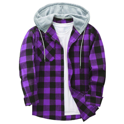 Men's Casual Plaid Flannel Hooded Shirt