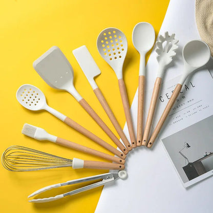High-Temperature Silicone Utensil Set with Wood