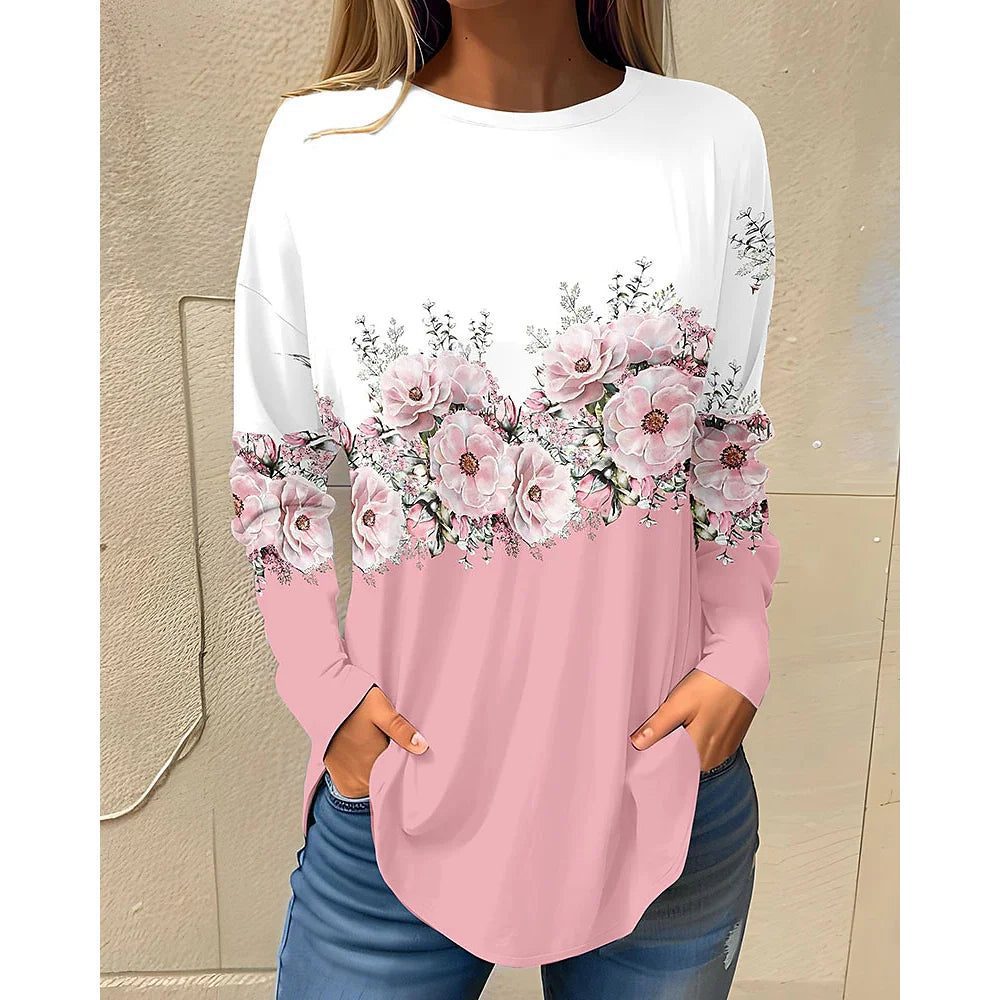 Stylish Long Sleeve Floral Cotton T-Shirts for Women