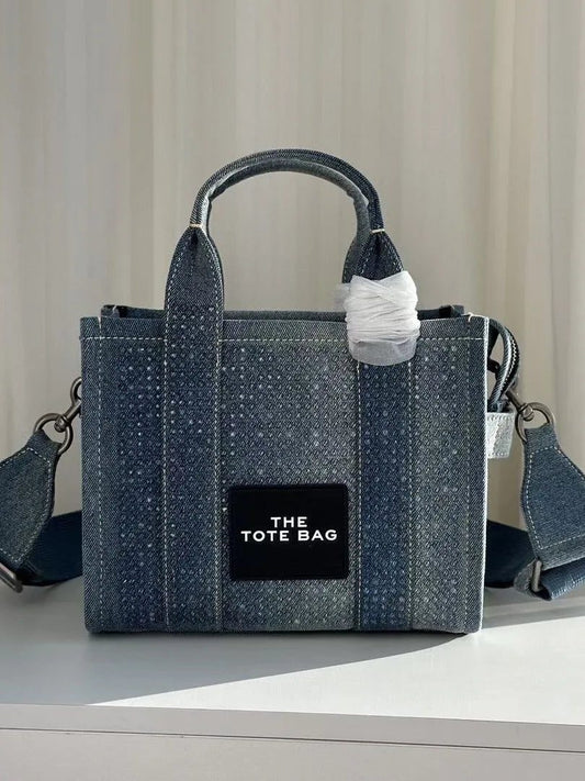 2024 Color Blocked Rhinestone Denim Tote Bag