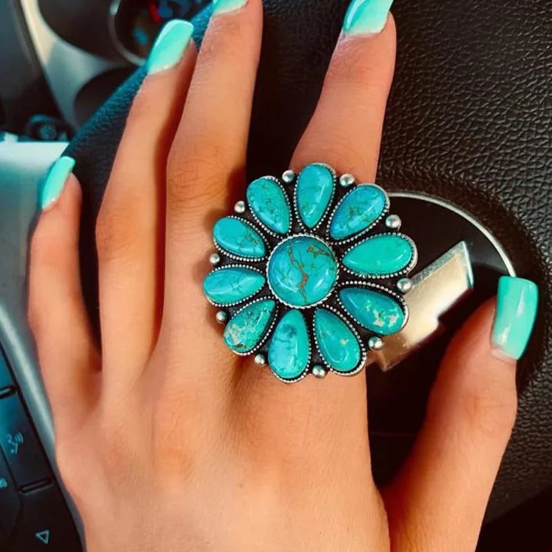 Boho Turquoise Flower Rings for Women