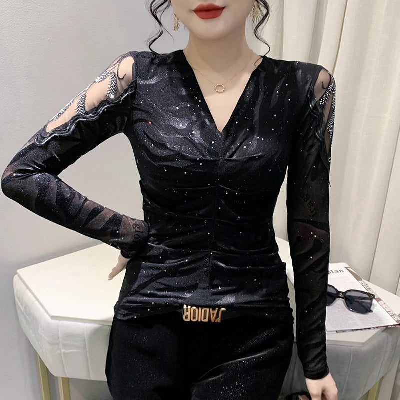 Chic Black Mesh Long Sleeve Women's T-Shirt