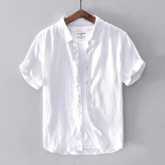 Men's Casual Yellow Cotton Linen Short Sleeve Shirts