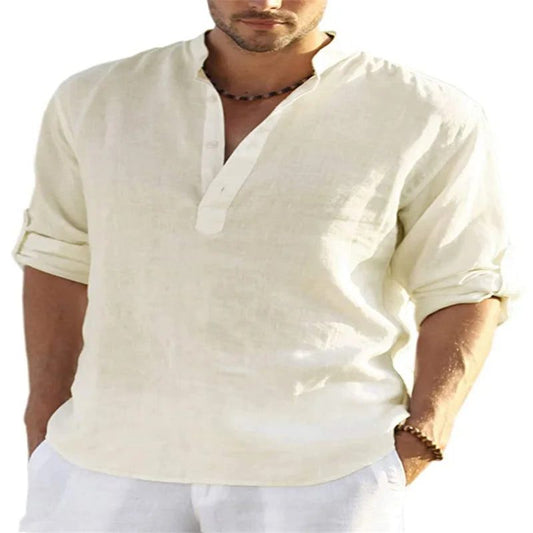 Men's V-Neck Cotton Linen Long Sleeve Shirt