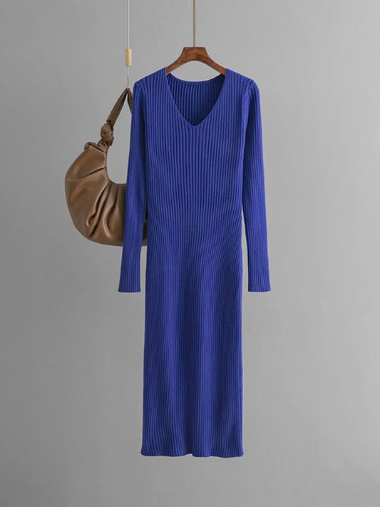Light Blue V Neck Knitted Sweater Dress
