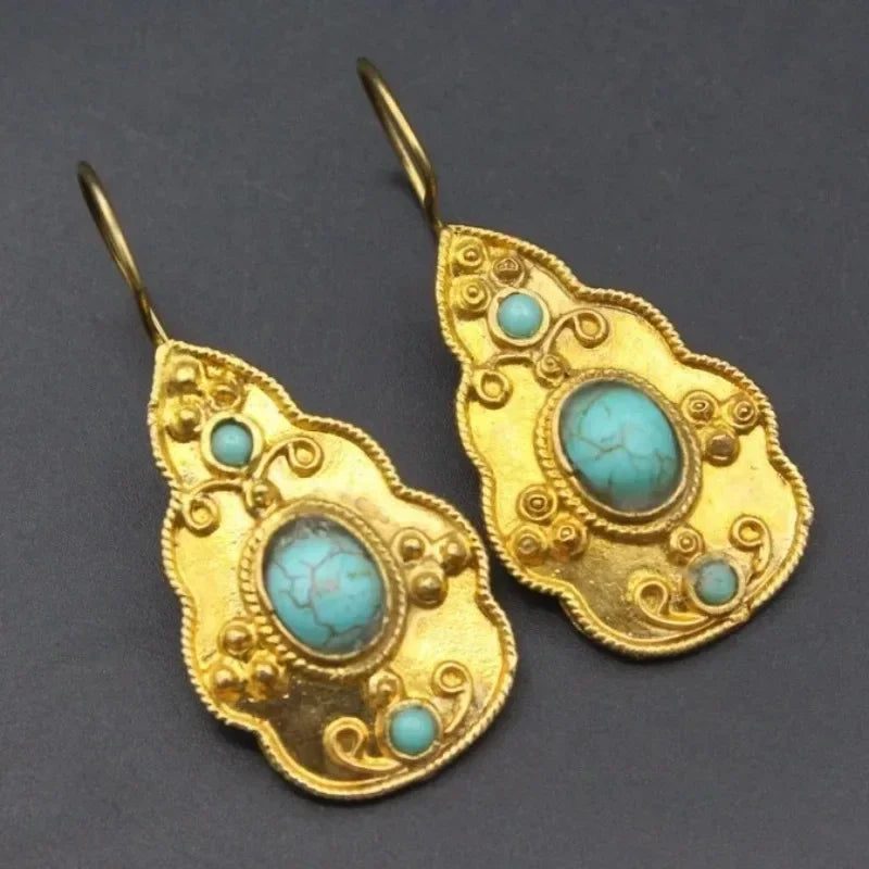 Vintage Gold Ornate Turquoise Earrings for Women