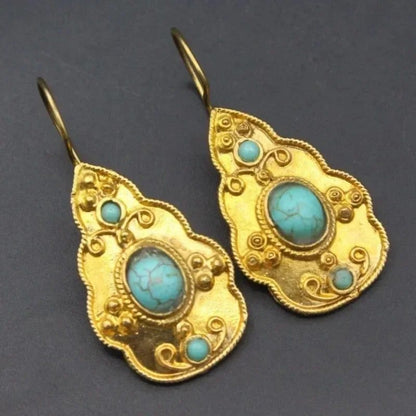Vintage Gold Ornate Turquoise Earrings for Women