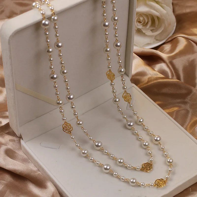Elegant Vintage Camellia Pearl Long Necklace