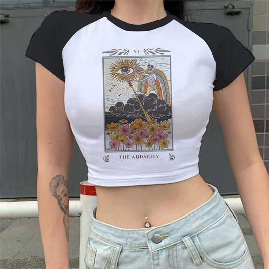 Trendy Women's Cropped T-Shirt with Tarot Print