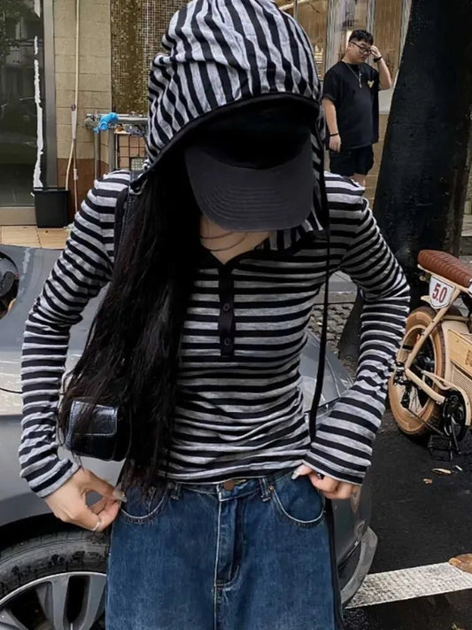 Plus Size Striped Cotton Hooded Shirt