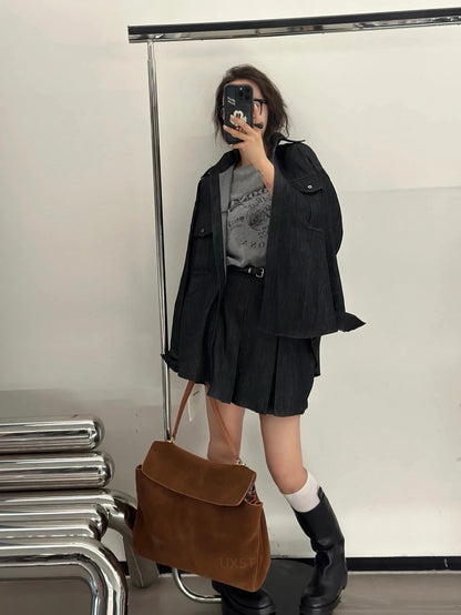 Trendy Suede Tote Bag with Metal Buckle