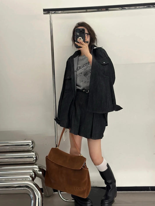 Trendy Suede Tote Bag with Metal Buckle