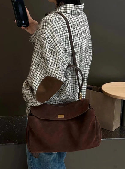 Trendy Suede Tote Bag with Metal Buckle