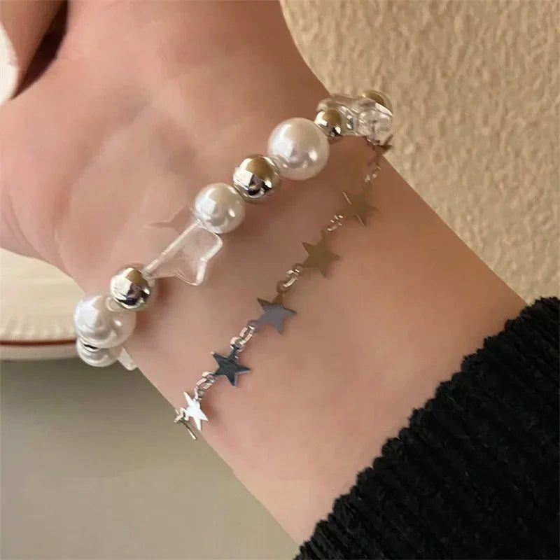Vintage Y2K Pearl Bead Pentagram Bracelet
