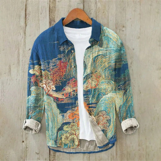 Men's Linen Hawaiian Shirt Ocean Wave Design