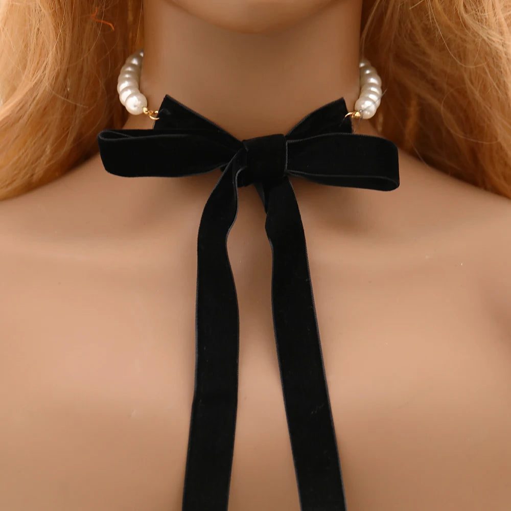 Gothic Black Velvet Choker with Pearl Beads