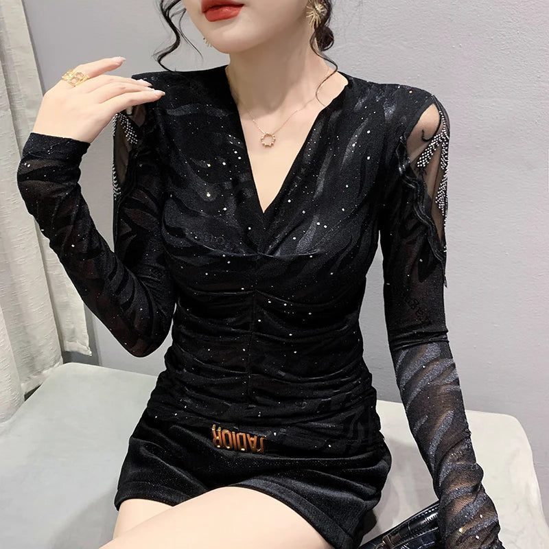 Chic Black Mesh Long Sleeve Women's T-Shirt