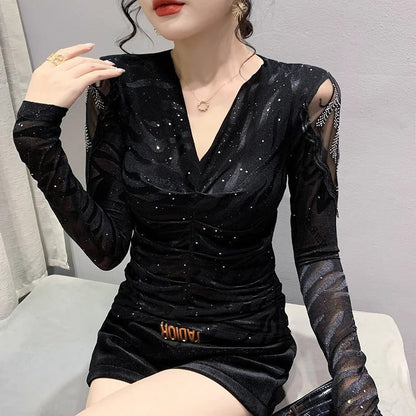 Chic Black Mesh Long Sleeve Women's T-Shirt