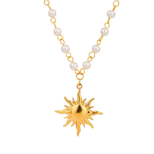 Waterproof Pearl Chain Sun Pendant Necklace