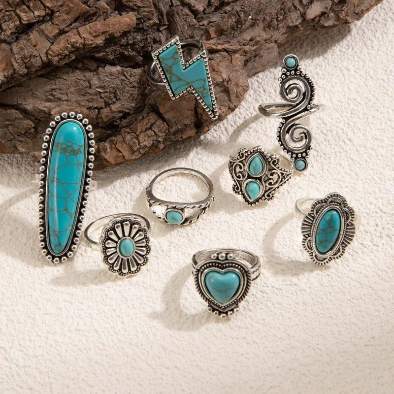 8Pcs Vintage Bohemian Turquoise Knuckle Rings