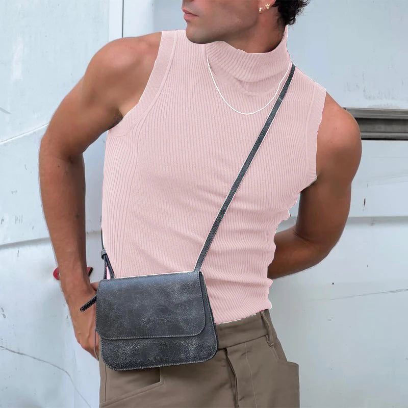 Men's Ribbed Sleeveless Turtleneck Casual Tank Top