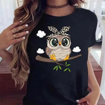 Kawaii Cartoon Owl Black T-Shirt for Women