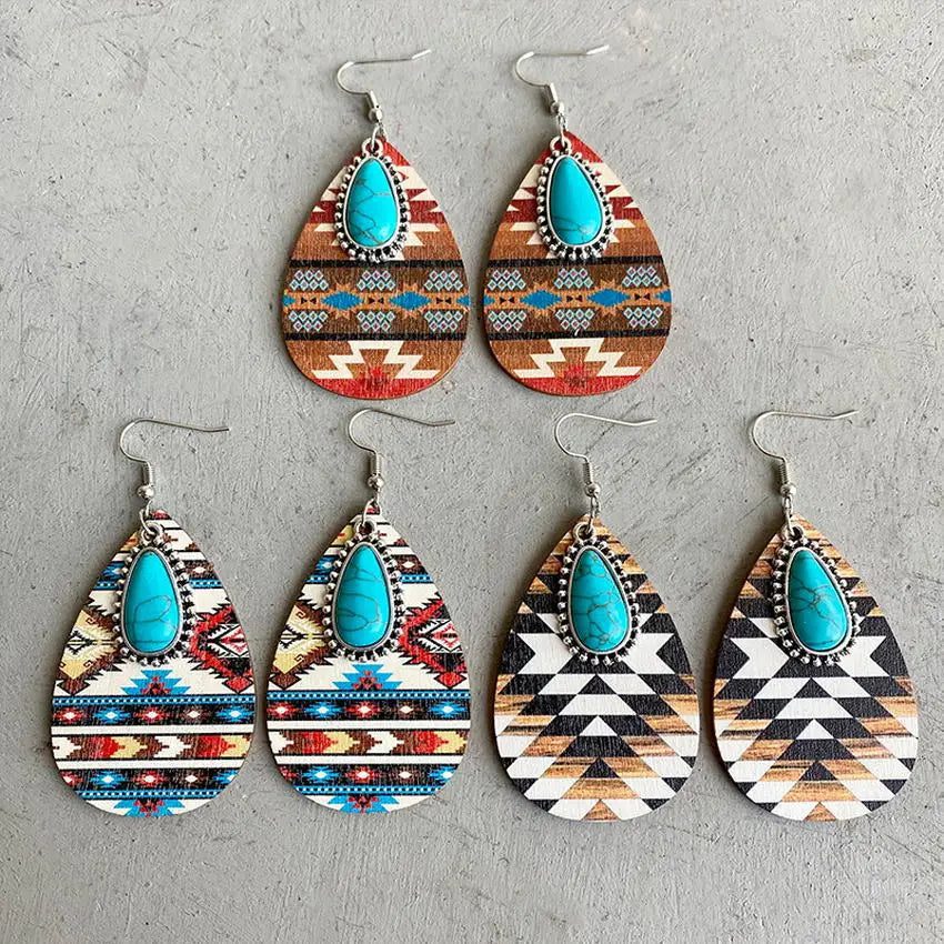 Boho Turquoise Teardrop Earrings with Aztec Design