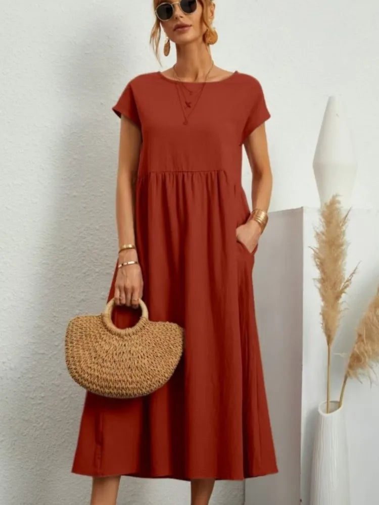 Casual Cotton Midi Dress with Pockets for Women