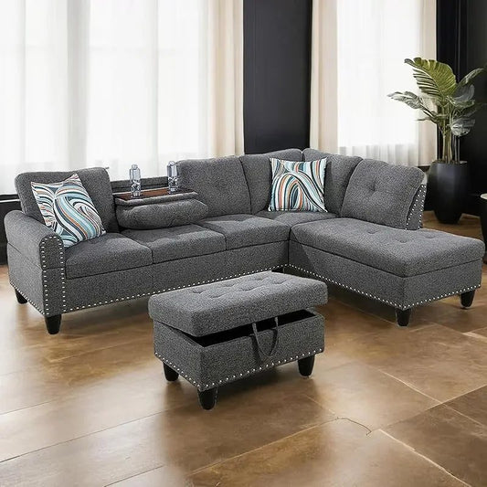 Modern L-Shaped Sofa with Ottoman for Living Room