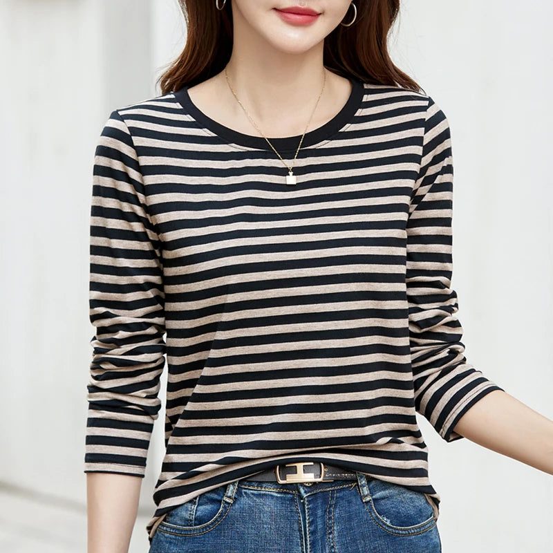 2023 Women's Striped Long Sleeve Cotton Tee