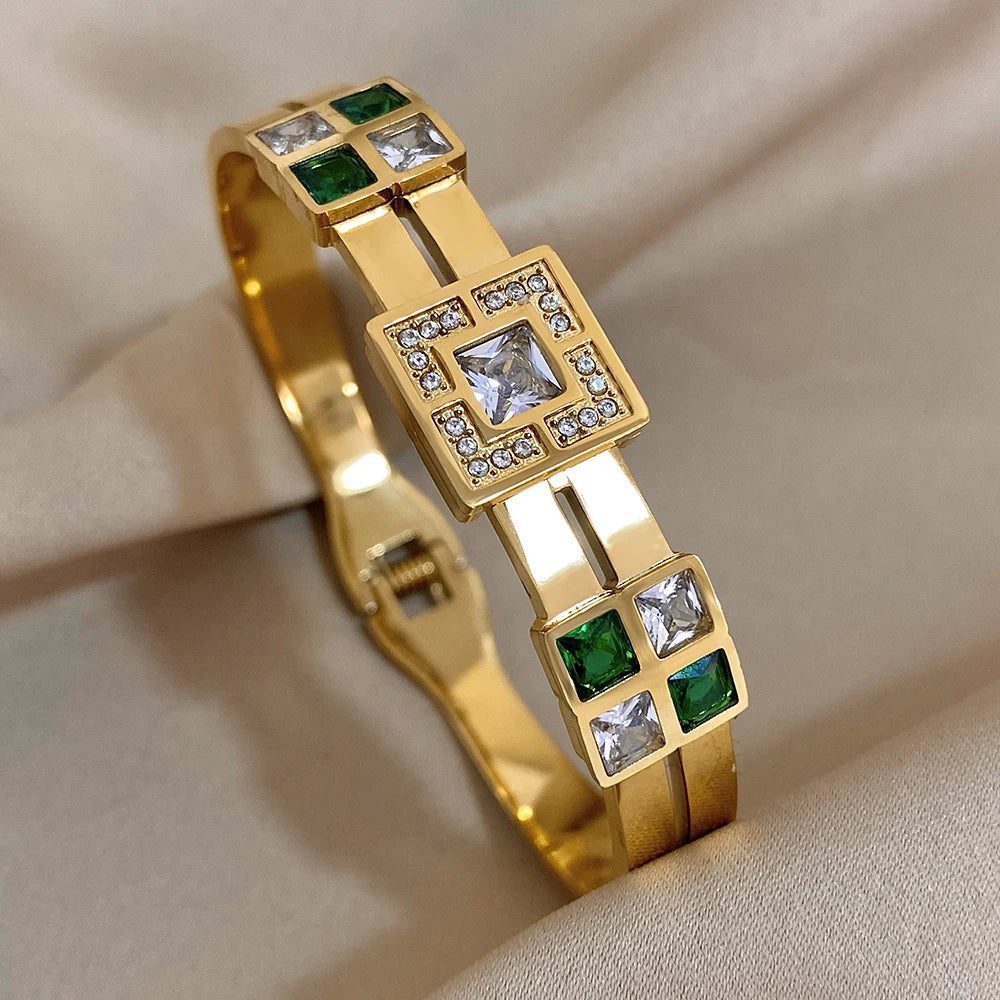 Luxury Waterproof Emerald Green Zircon Bangle Bracelet