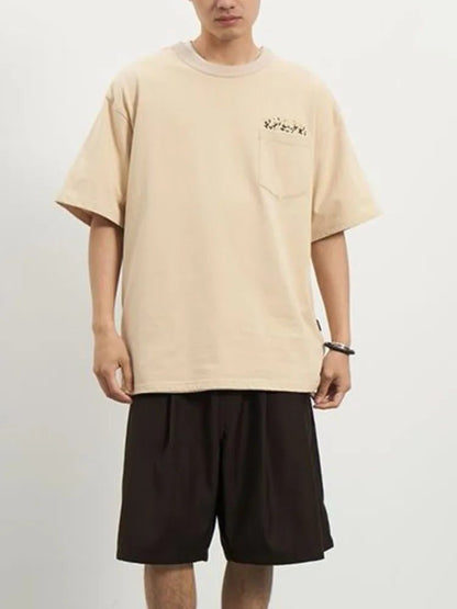 Men's Flower Embroidered Pocket T-Shirt - Streetwear