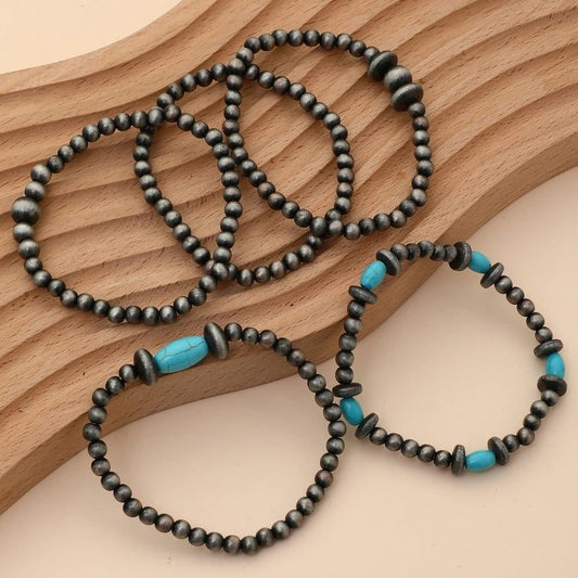 Vintage Turquoise Inlaid Navajo Pearl Bracelets Set
