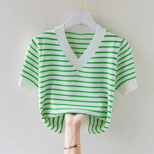 Summer V-Neck Striped T-Shirt for Women