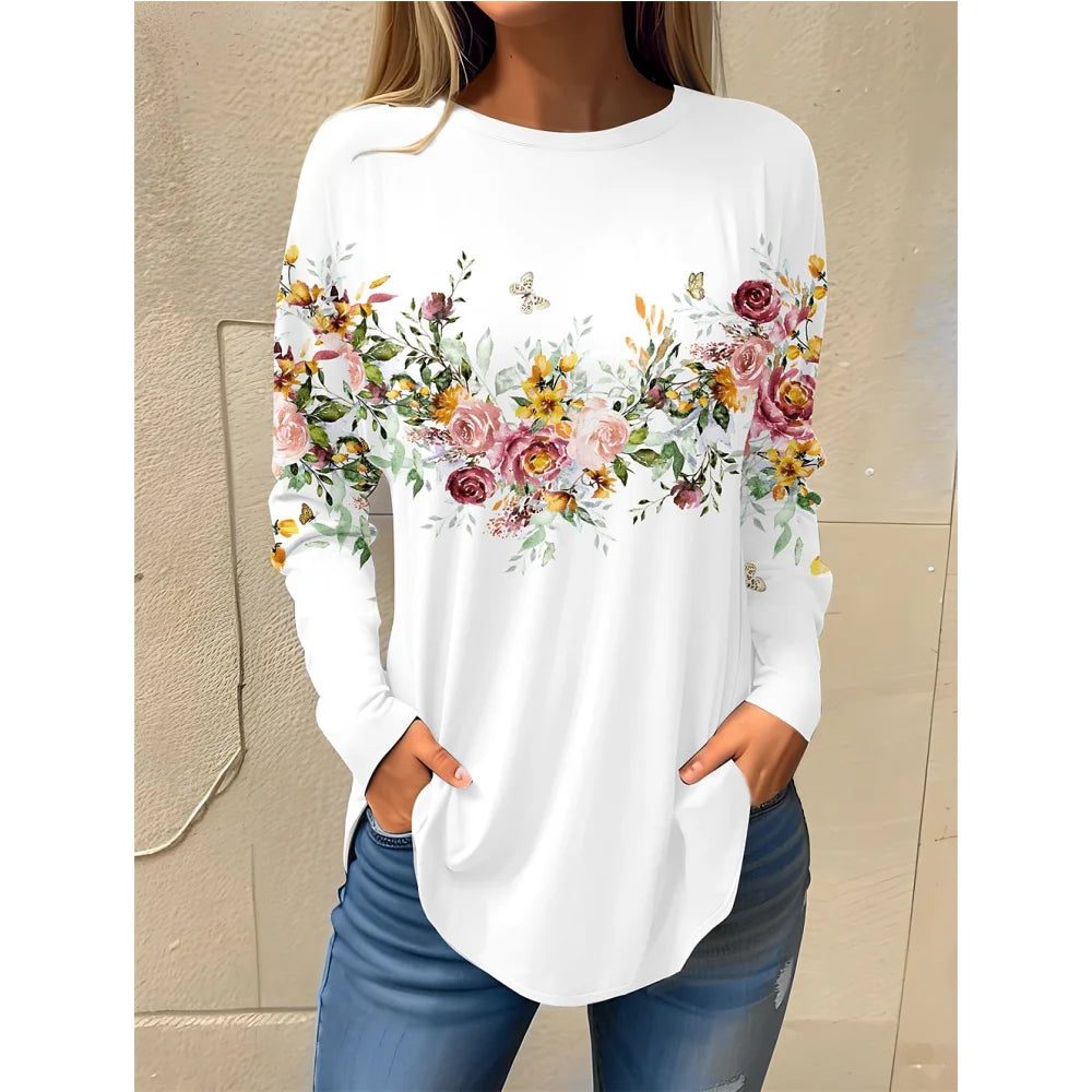 Stylish Long Sleeve Floral Cotton T-Shirts for Women