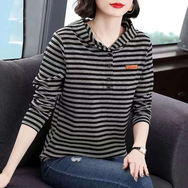 2023 Women's Striped Hooded Long Sleeve T-shirt