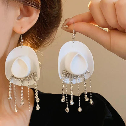 Shiny Rhinestone Cowboy Hat Dangle Earrings
