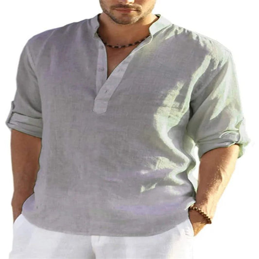 Men's V-Neck Cotton Linen Long Sleeve Shirt