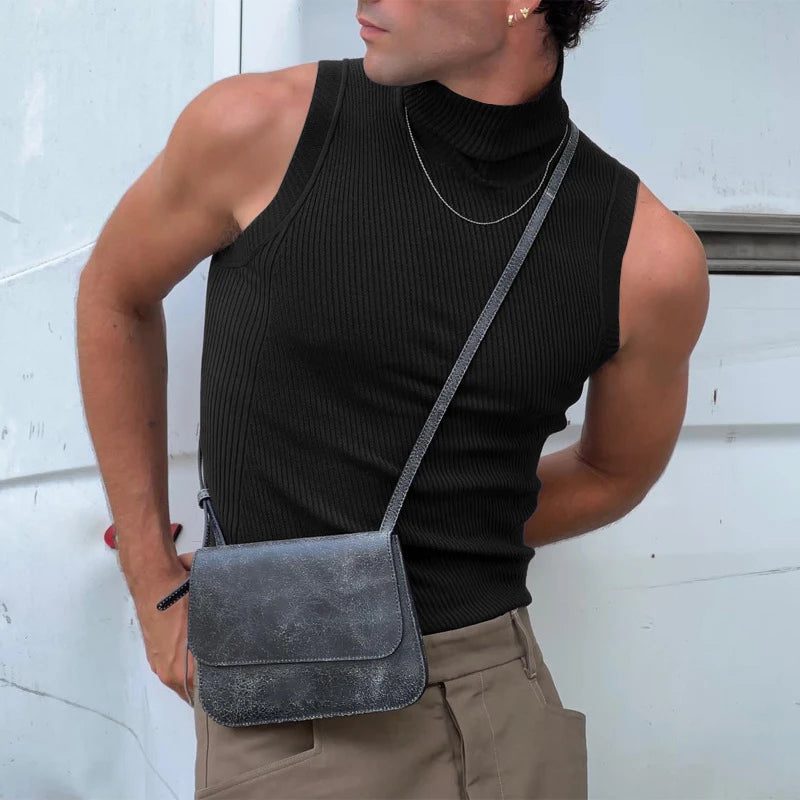 Men's Ribbed Sleeveless Turtleneck Casual Tank Top