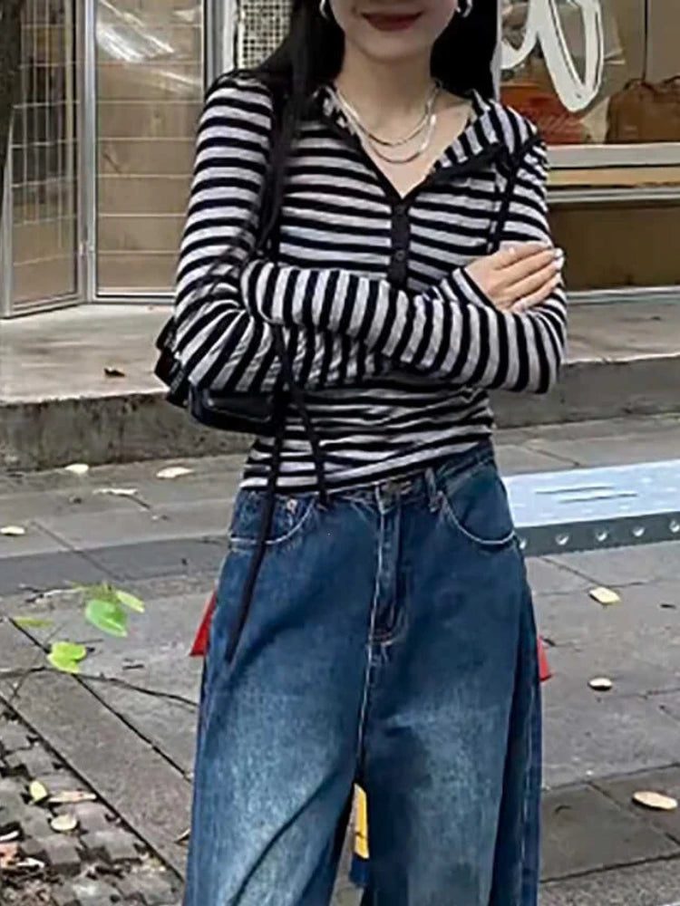 Plus Size Striped Cotton Hooded Shirt