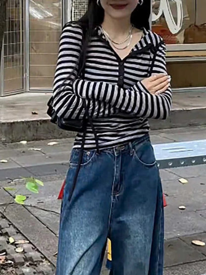 Plus Size Striped Cotton Hooded Shirt