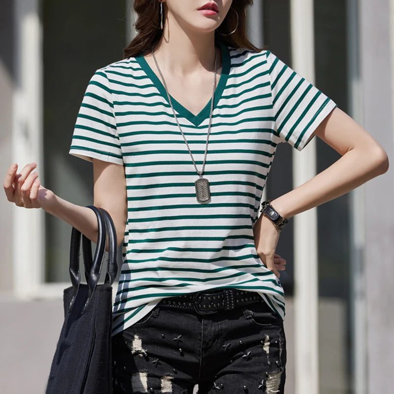 Women's Striped V-Neck Cotton Summer T-Shirt