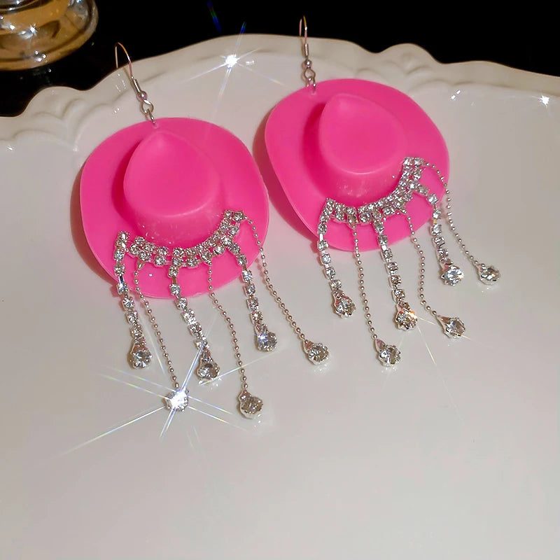 Shiny Rhinestone Cowboy Hat Dangle Earrings