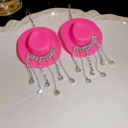 Shiny Rhinestone Cowboy Hat Dangle Earrings