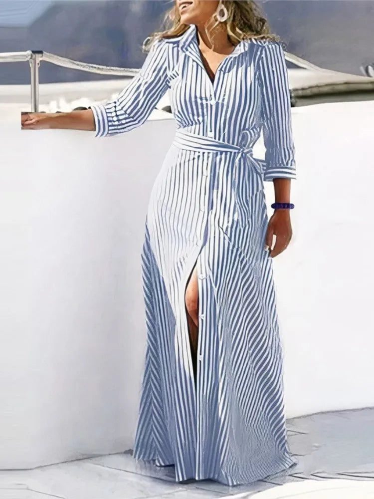 Elegant Striped Lace-Up Shirt Dresses for Women