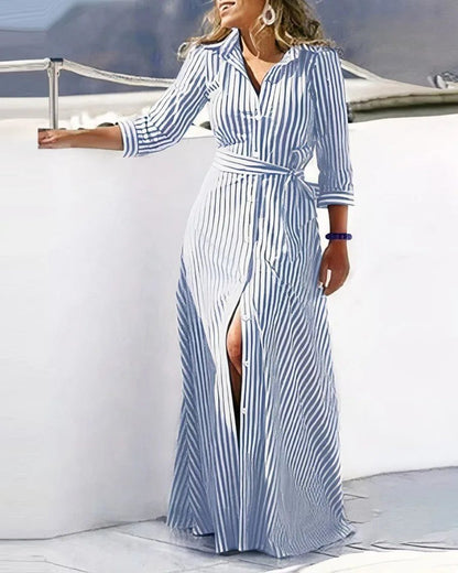 Elegant Striped Lace-Up Shirt Dresses for Women