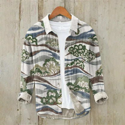 Men's Linen Hawaiian Shirt Ocean Wave Design