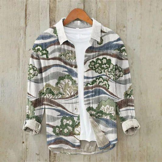 Men's Linen Hawaiian Shirt Ocean Wave Design