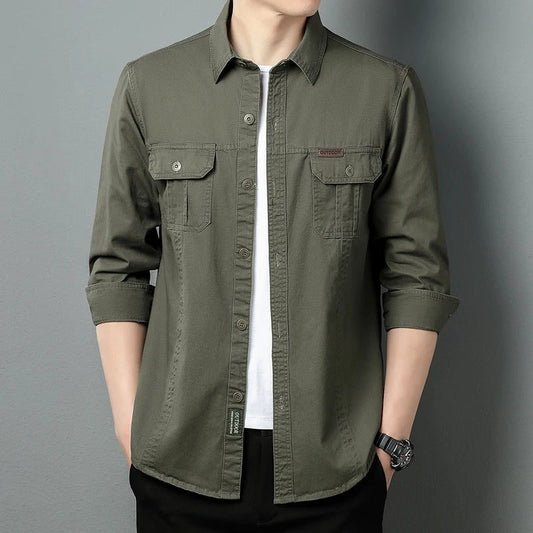 Men's Oversized Black Linen Tactical Shirt
